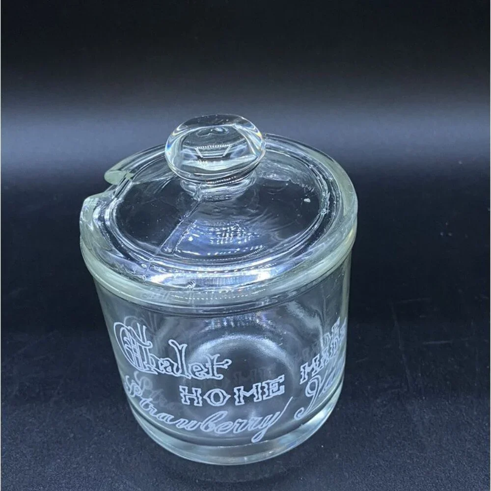 Chalet Strawberry Jam Clear Jar Canister Notched Lid Antique READ